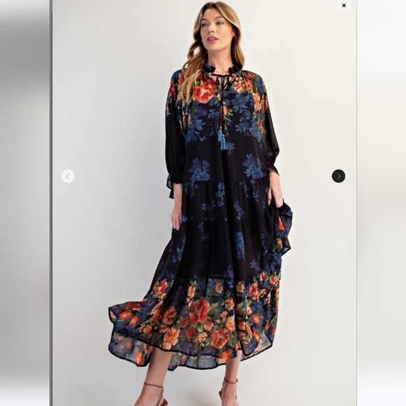 New Easel Black Floral Print Long Sleeve Maxi Dress - Picture 4 of 6